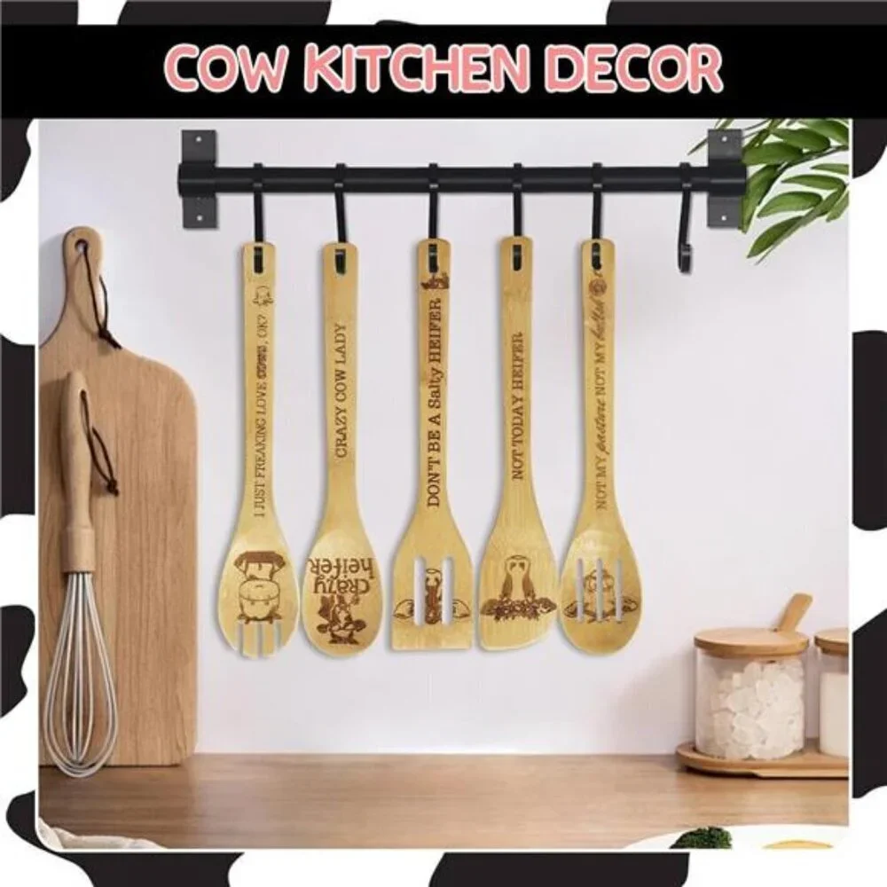 Funny Cow-Themed Bamboo Kitchen Utensil Set–5-Piece Engraved Gift for Cow Lovers